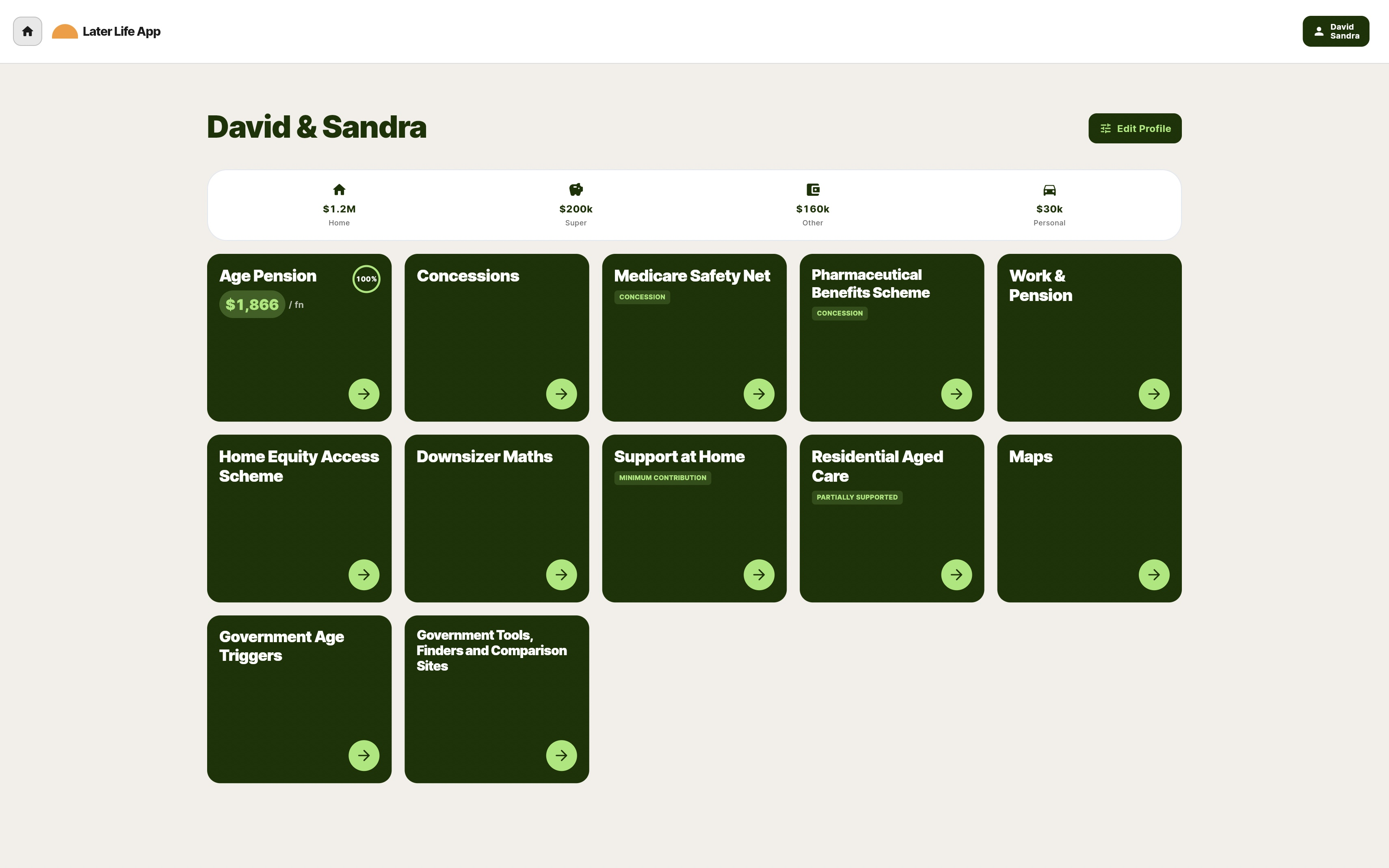 Later Life App dashboard for David and Sandra showing their home, superannuation and other assets alongside personalised pension and aged care pathways