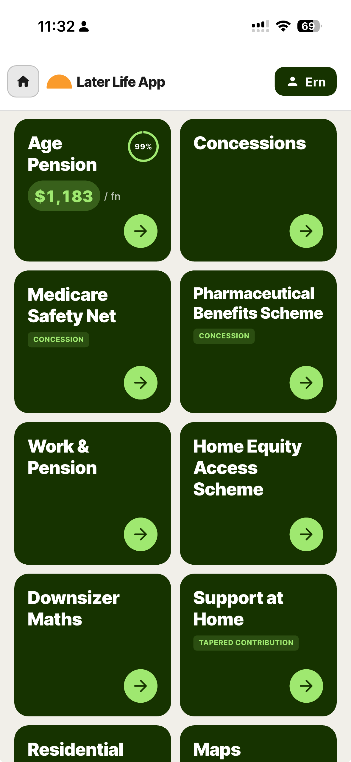 Later Life App on iPhone showing pension, concessions, home equity and care tools