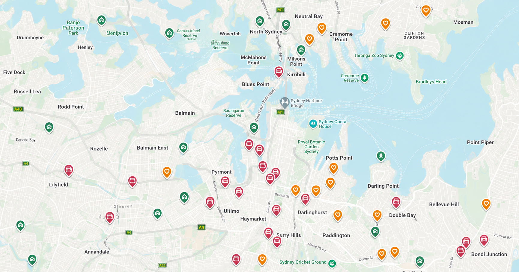 Later Life Map showing care and retirement living providers around Sydney Harbour