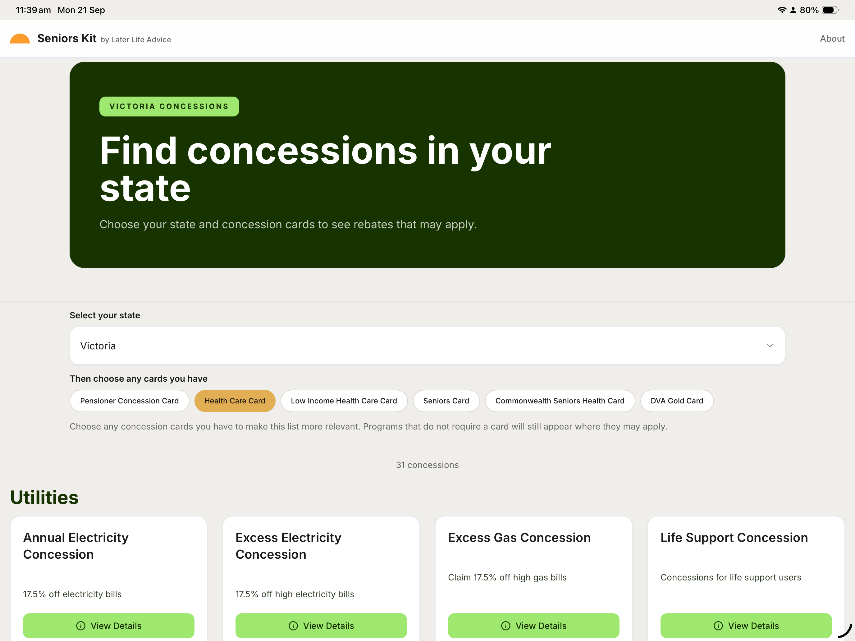 Seniors Kit showing state and concession card filters and relevant utility concessions